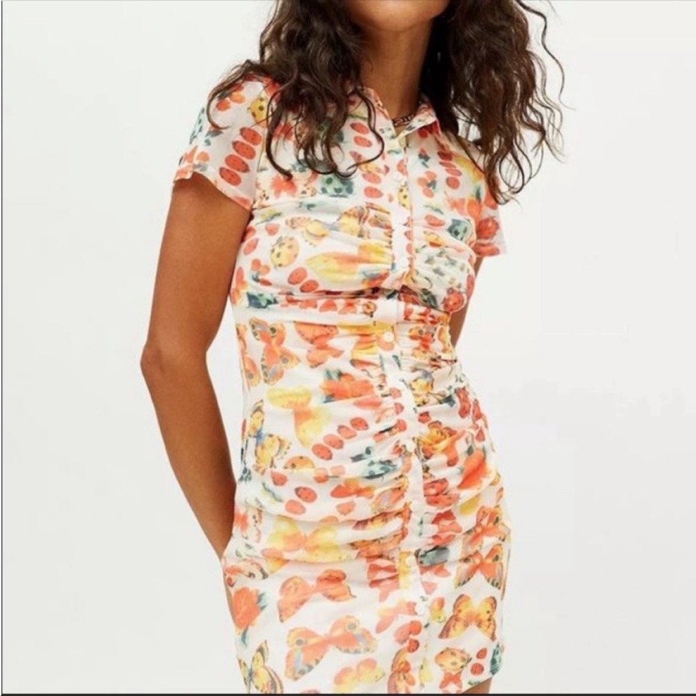 Urban Outfitters White Multicolor Ruched Button-Front Mini Dress